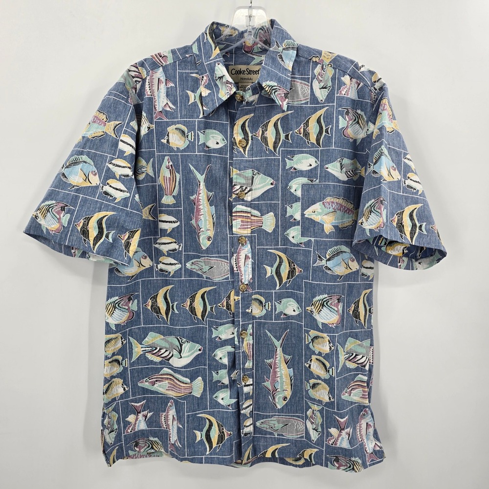 Cooke Street Honolulu Mens Blue Tropical Fish Print Cotton Aloha Shirt Small